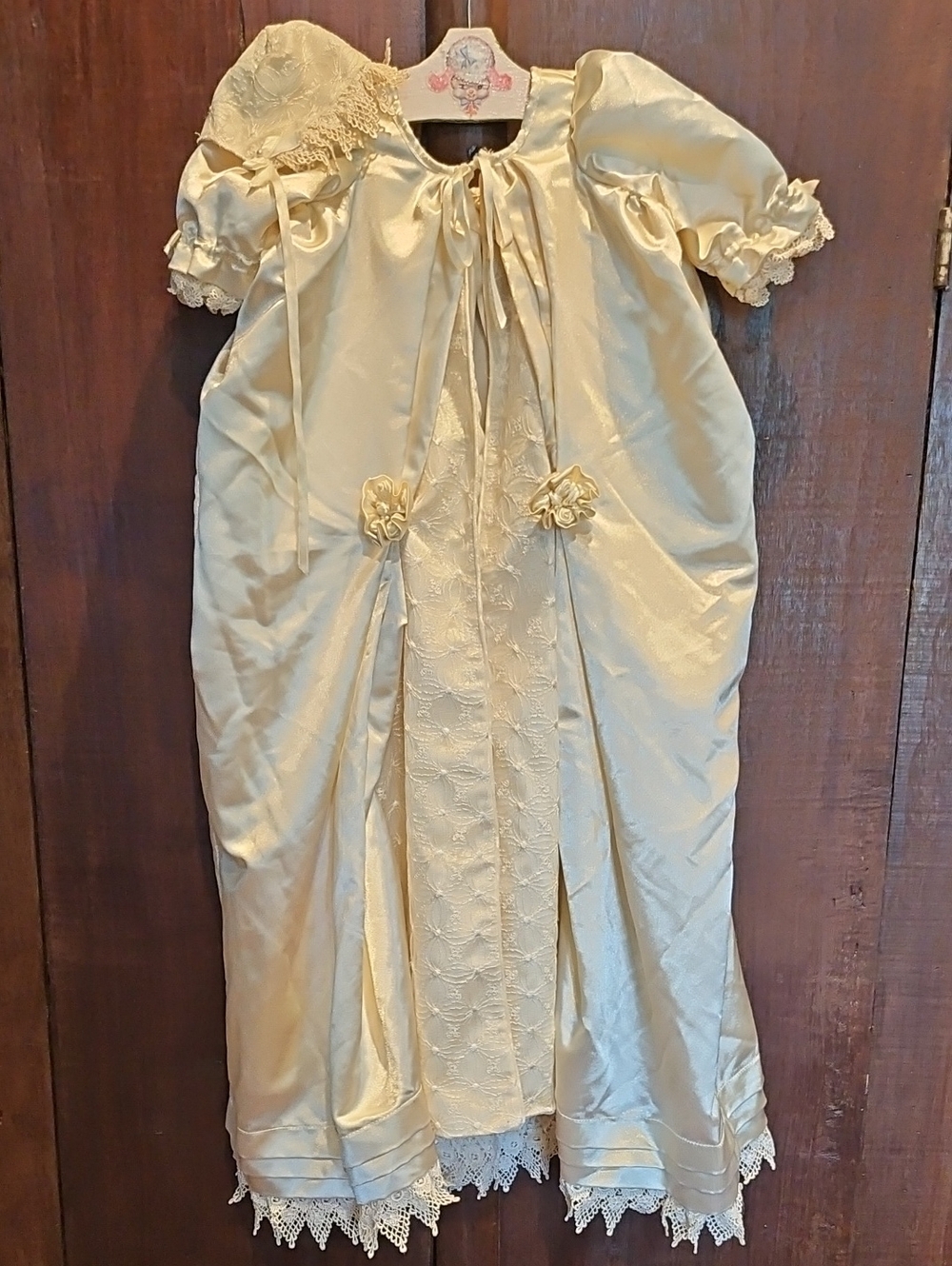 Vintage Christening/Baptism Gown Ivory Satin & Lace Newborn W Bonnet